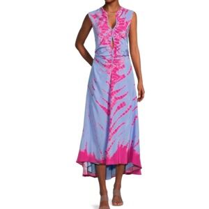 Altuzarra Kaya Silk Tie Dye Ruched Midi Dress Blue Pink Sleeveless Size 38 Italy